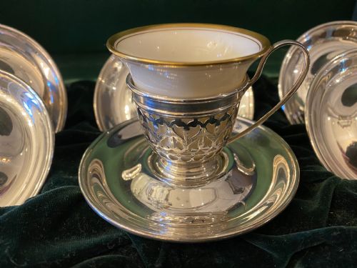 STERLING SILVER AMERICAN DEMITASSE COFFEE CUP HOLDERS AND SAUCERS - ADDITIONAL PHOTO 2