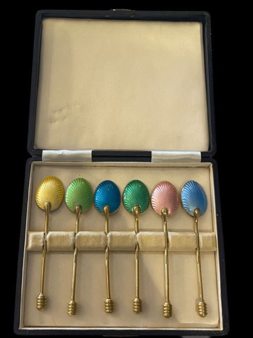 silver gilt harlequin enamel spoons - CATEGORY: ANTIQUE SILVER - DATED 1960