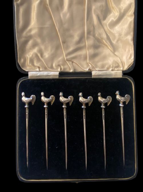 set of silver cocktail sticks cockerelterminals - CATEGORY: ANTIQUE SILVER - DATED 1950