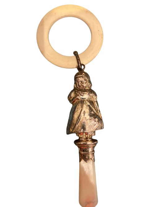 silver babies teething rattle - CATEGORY: ANTIQUE MISCELLANEOUS - DATED 1940