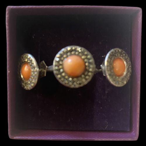 art deco style silver marcasite and coral ring and earrings set - CATEGORY: ANTIQUE JEWELLERY - DATED 1940