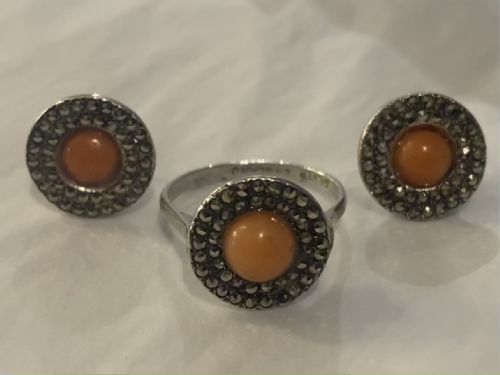 ART DECO STYLE SILVER MARCASITE AND CORAL RING AND EARRINGS SET - ADDITIONAL PHOTO 2