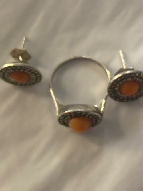 ART DECO STYLE SILVER MARCASITE AND CORAL RING AND EARRINGS SET - ADDITIONAL PHOTO 4