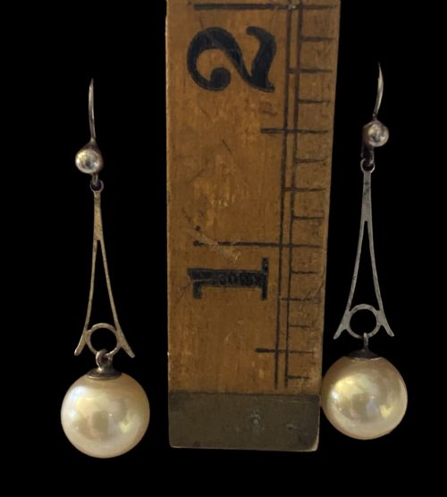 ANTIQUE EDWARDIAN SILVER AND PEARL DROP EARRINGS - ADDITIONAL PHOTO 2
