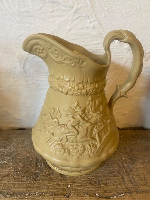 antique ridgway drab relief jug - CATEGORY: ANTIQUE JUGS - DATED VICTORIAN