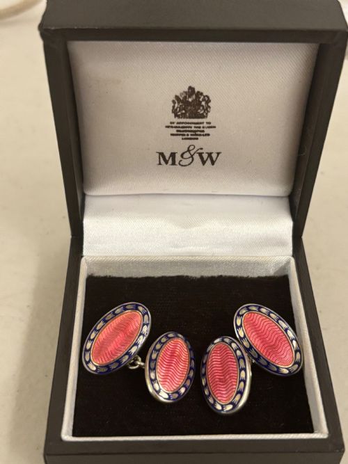 boxed silver and guilloche enamelcufflinks - CATEGORY: ANTIQUE JEWELLERY - DATED 1960