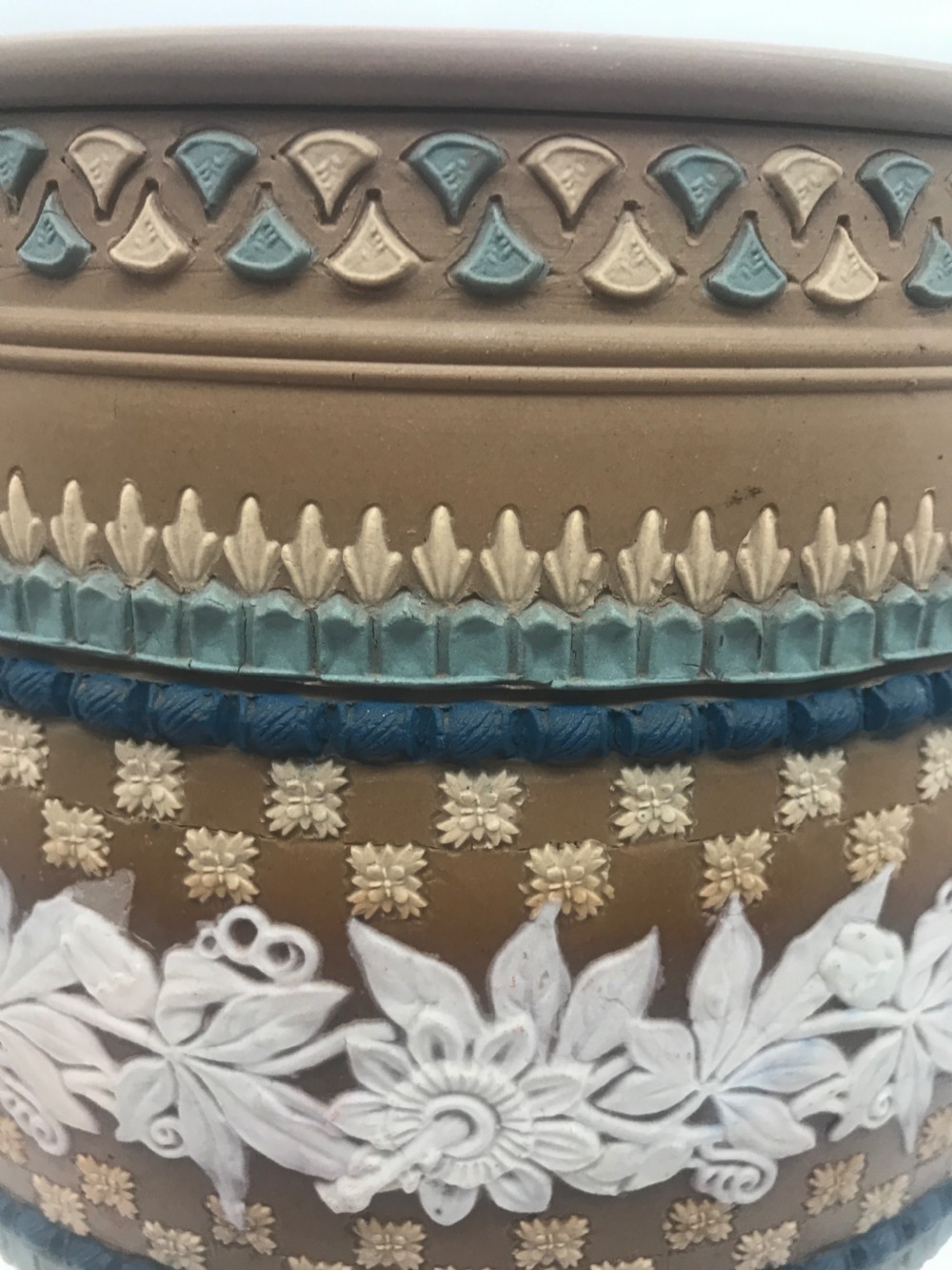 Late Victorian 1881-1891 Doulton Lambeth “silicon ware” Jardiniere. View V