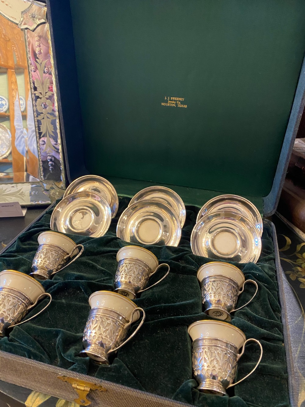 Sterling silver American Demi-tasse coffee cup holders and saucers