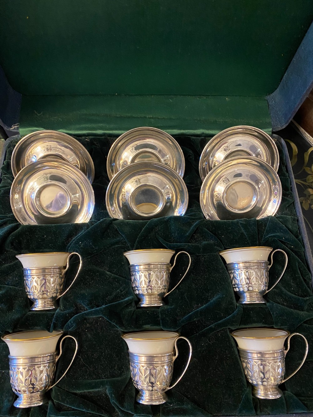 Sterling silver American Demi-tasse coffee cup holders and saucers View II