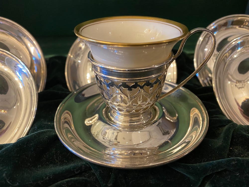 Sterling silver American Demi-tasse coffee cup holders and saucers View III