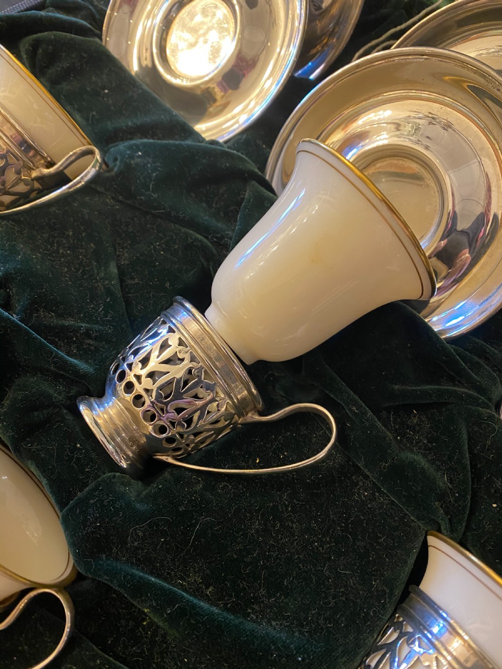 Sterling silver American Demi-tasse coffee cup holders and saucers View VIII