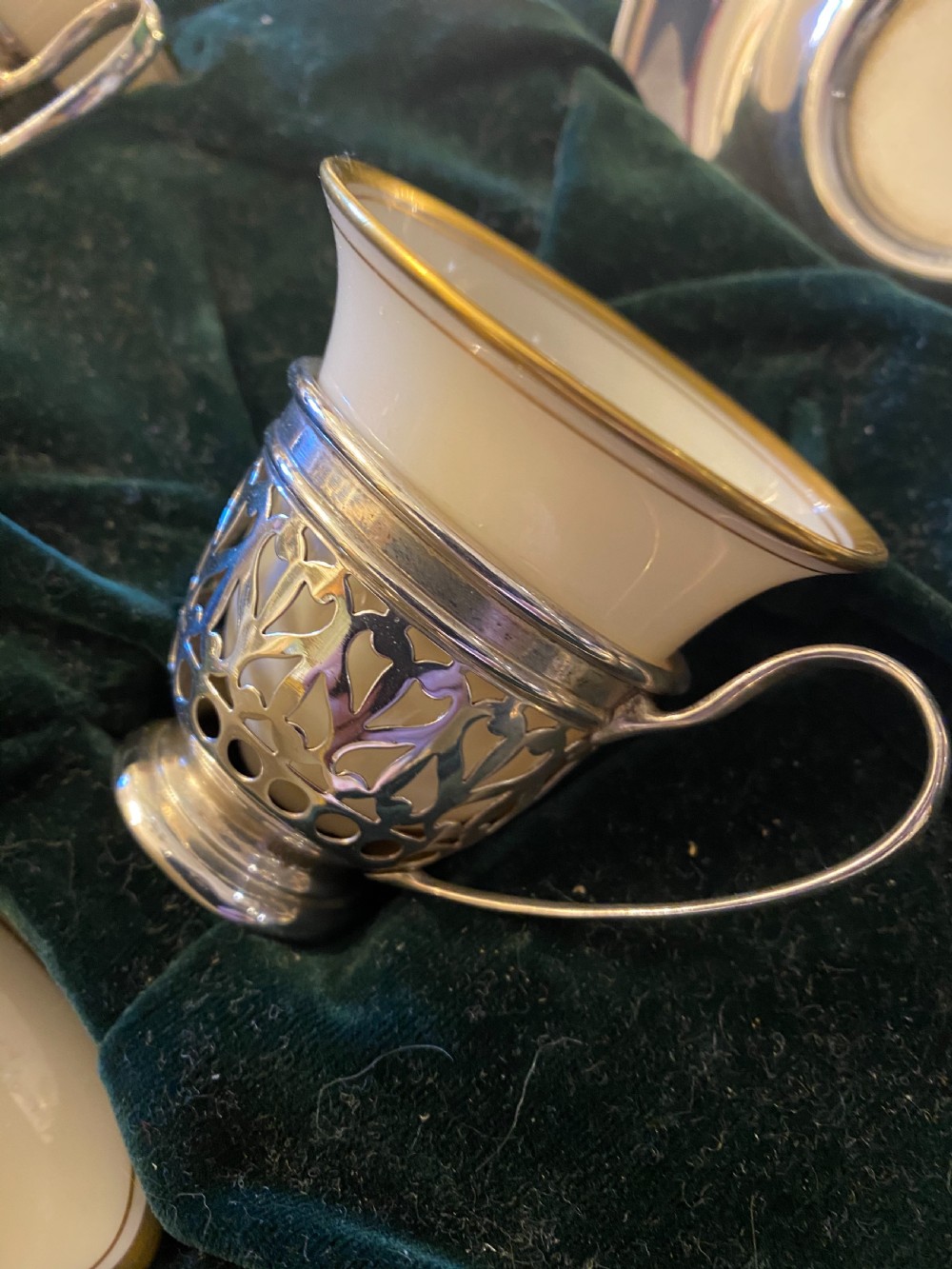 Sterling silver American Demi-tasse coffee cup holders and saucers View IX