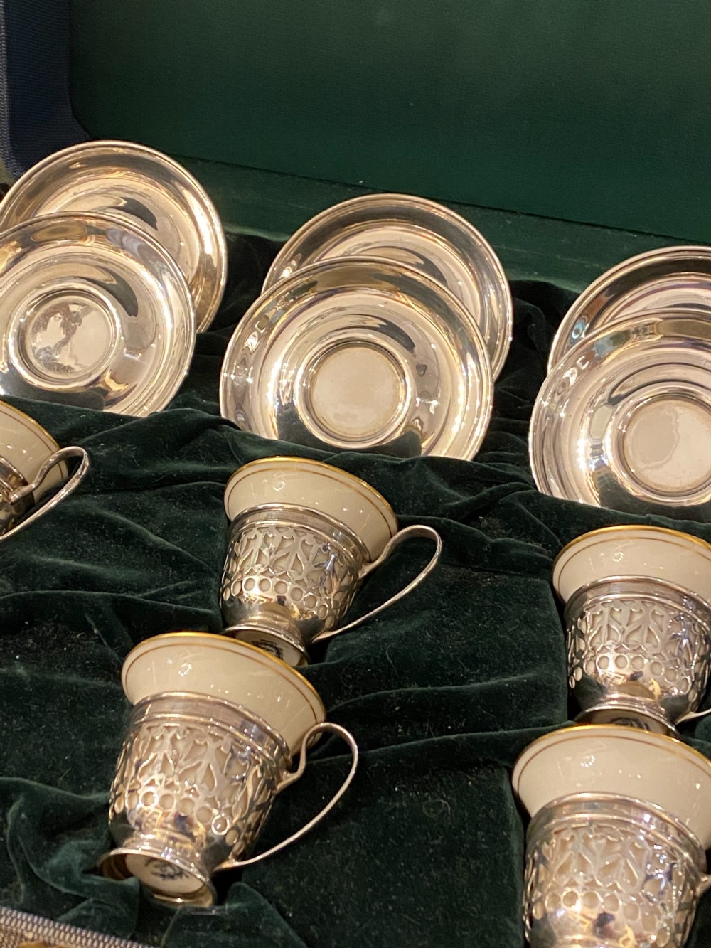 Sterling silver American Demi-tasse coffee cup holders and saucers View X