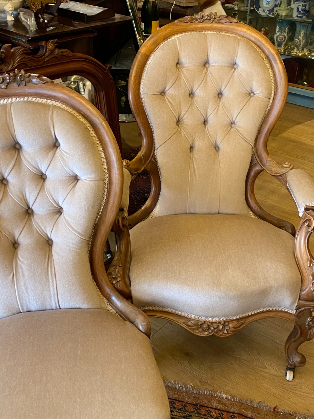 Antique pair of  salon chairs. View II