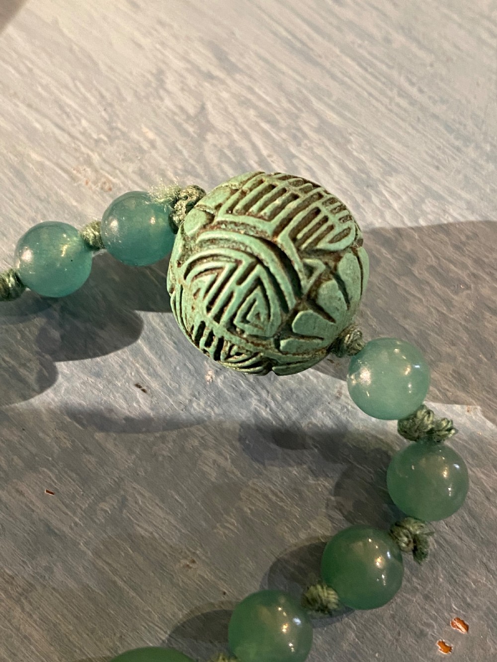 Oriental Art Deco Yunnan  Jade, chalcedony and carved variacite necklace. View III