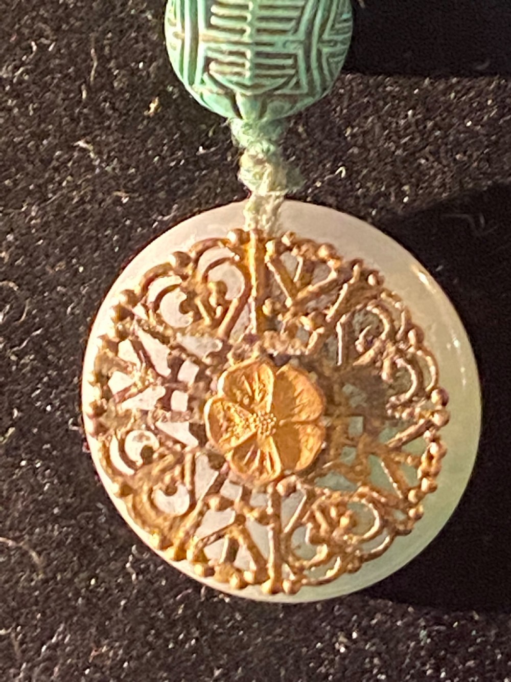 Oriental Art Deco Yunnan  Jade, chalcedony and carved variacite necklace. View V