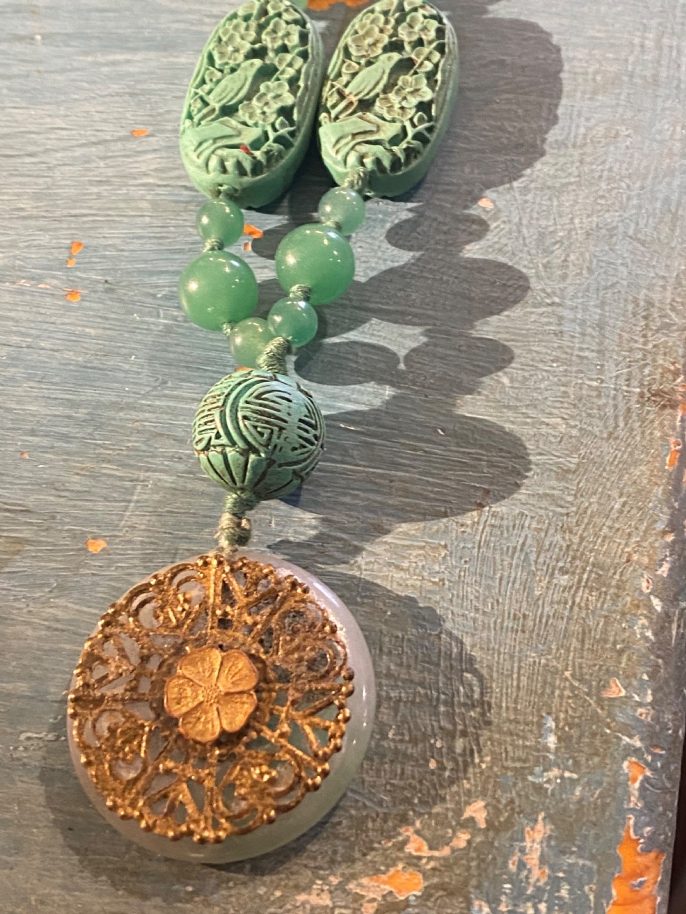 Oriental Art Deco Yunnan  Jade, chalcedony and carved variacite necklace. View VI