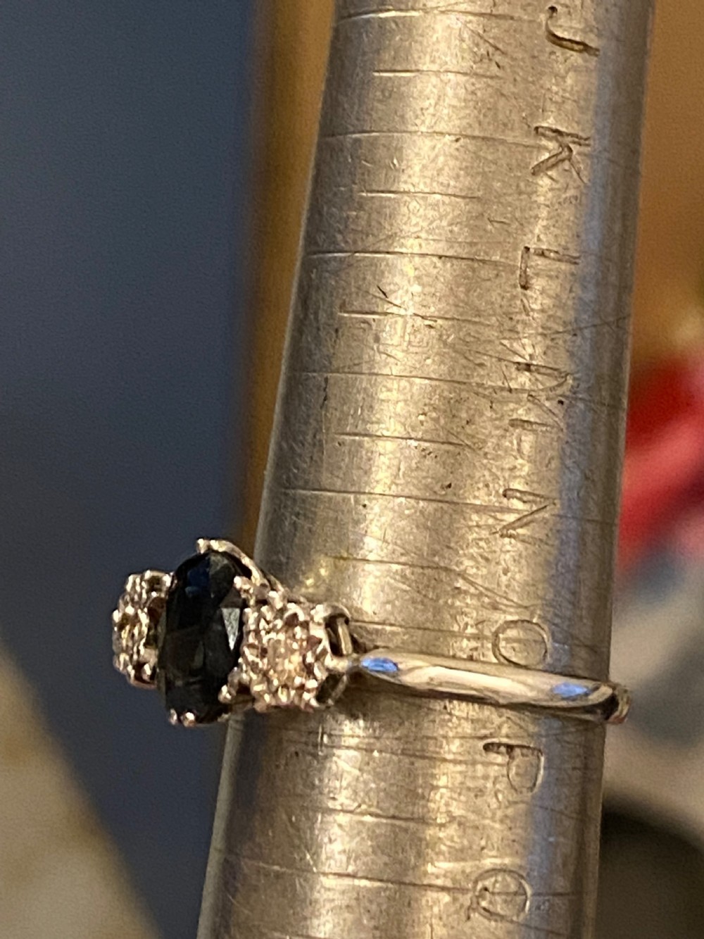 Solitary sapphire, and diamond ring View II