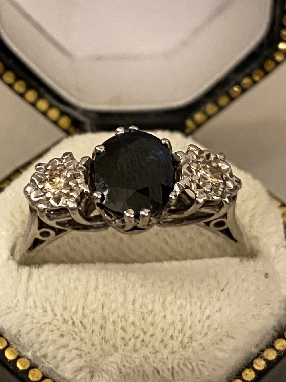 Solitary sapphire, and diamond ring View III