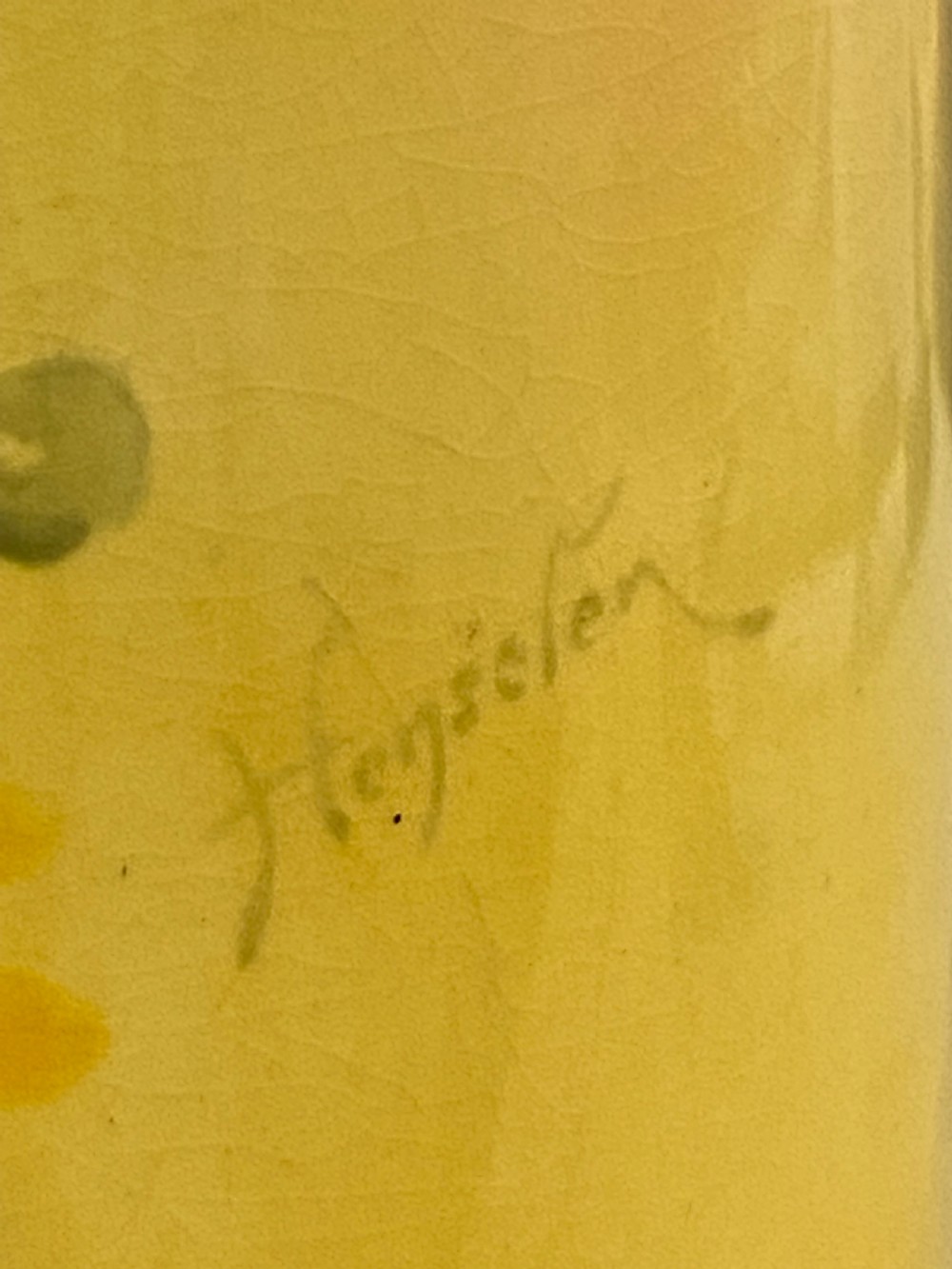 A tall cylindrical ceramic vase hand-painted with yellow and magenta chrysanthemums beneath a narrow gilded neck. View VIII