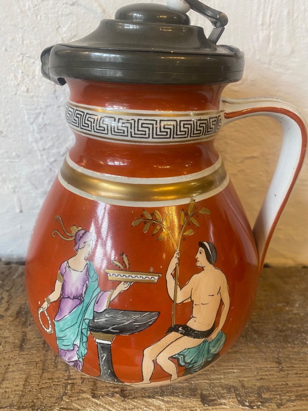 Prattware, pewter lid jug