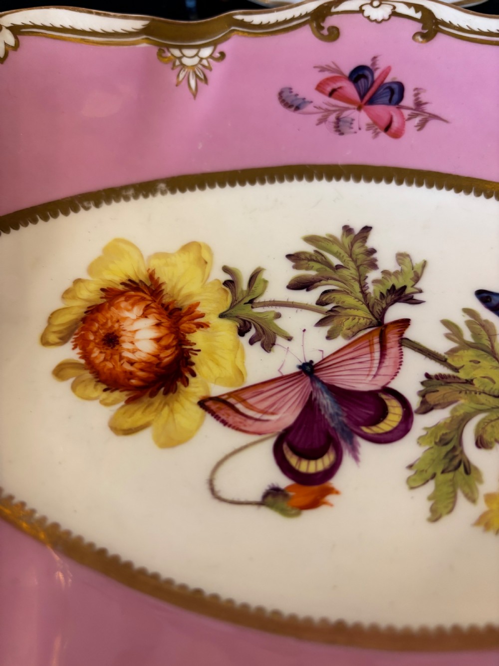 A pair of oval Georgian Spode porcelain dishes featuring scalloped pink and gold borders surrounding central hand-painted floral and butterfly motifs. View III