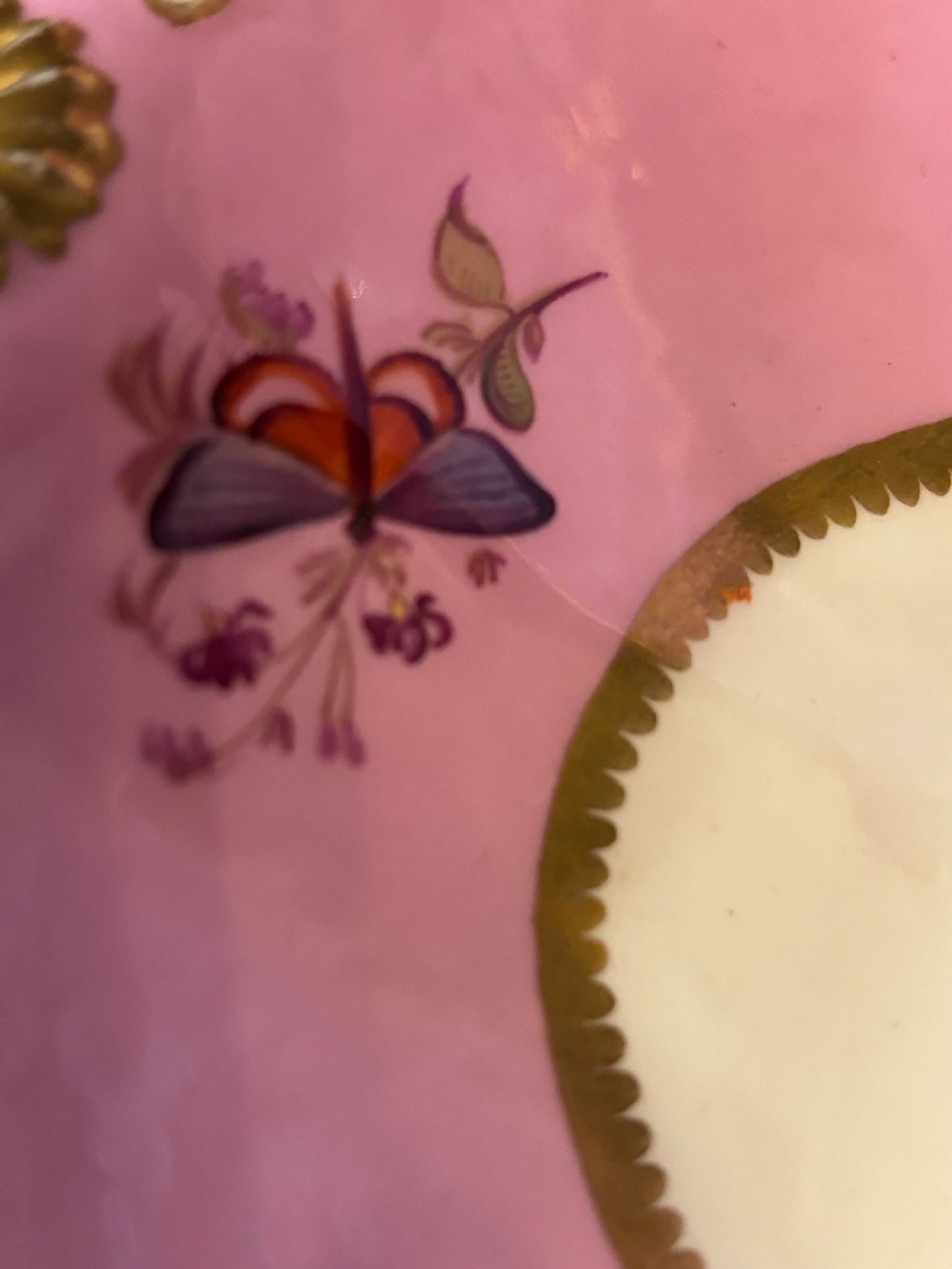 A pair of oval Georgian Spode porcelain dishes featuring scalloped pink and gold borders surrounding central hand-painted floral and butterfly motifs. View X
