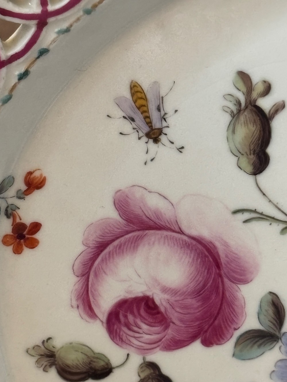 A circular porcelain plate featuring a pink reticulated lattice rim and a hand-painted central botanical scene with flowers and insects. View X