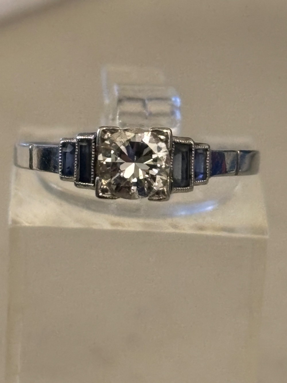 Art Deco : Platinum, Sapphire, .33ct Diamond ring View II
