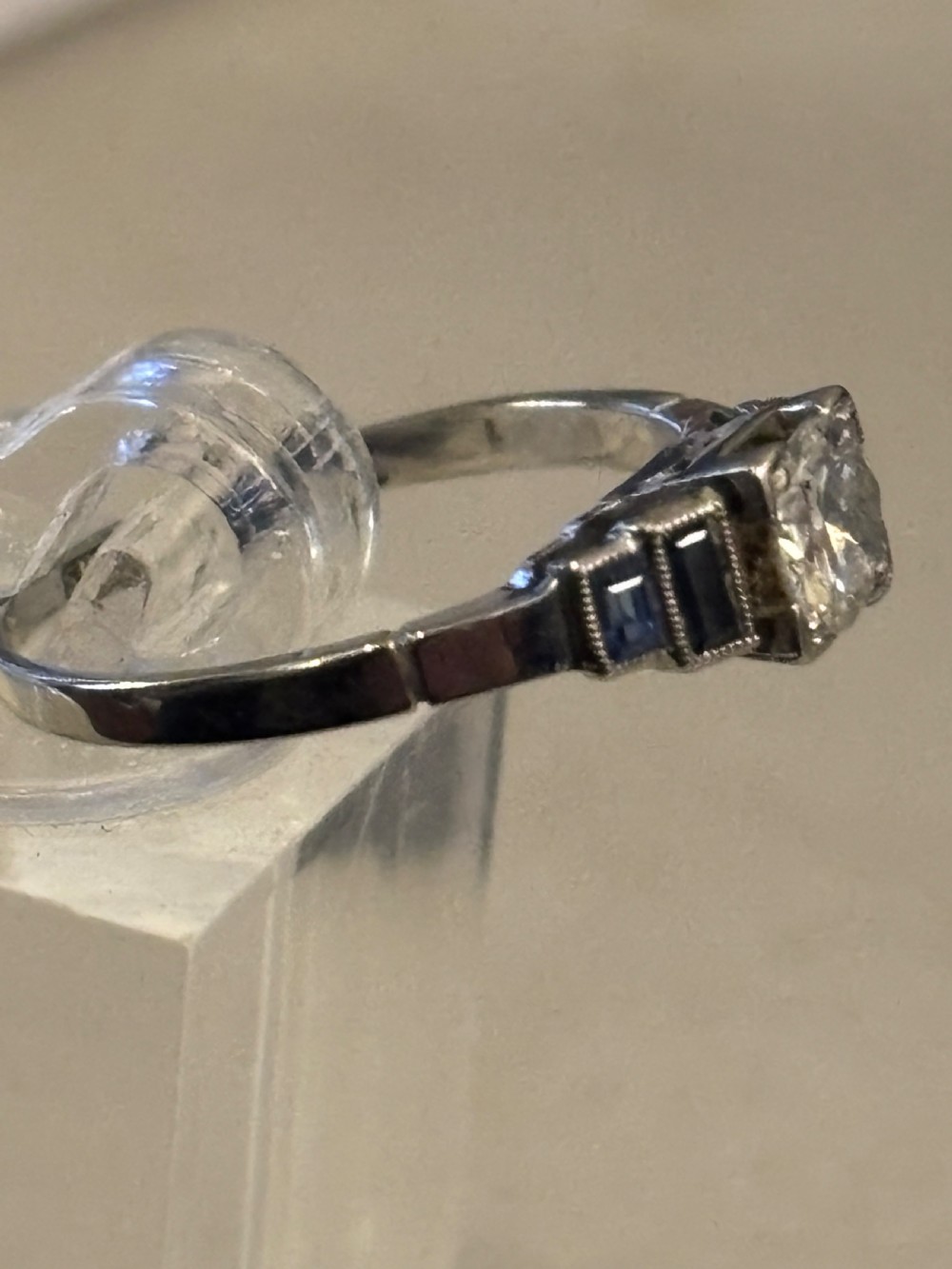 Art Deco : Platinum, Sapphire, .33ct Diamond ring View V