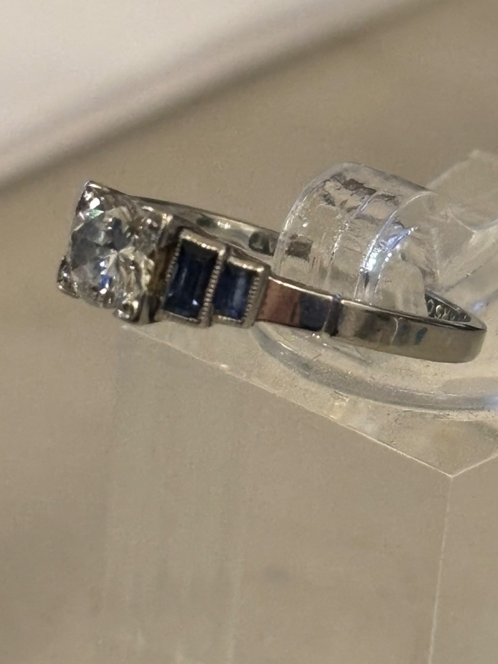 Art Deco : Platinum, Sapphire, .33ct Diamond ring View VI