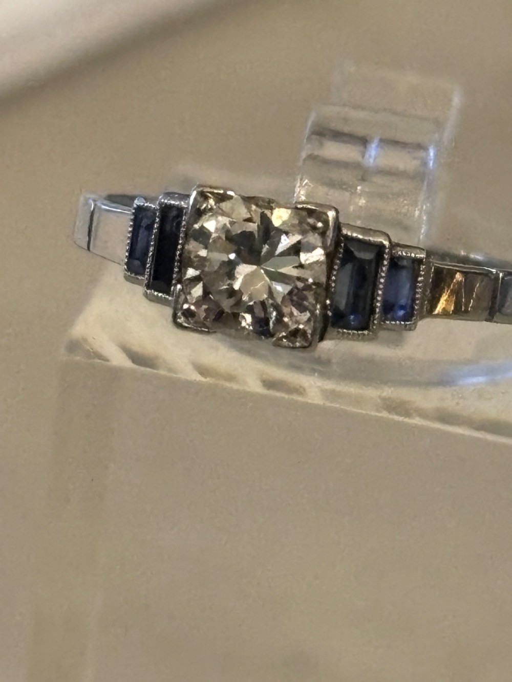 Art Deco : Platinum, Sapphire, .33ct Diamond ring View VII