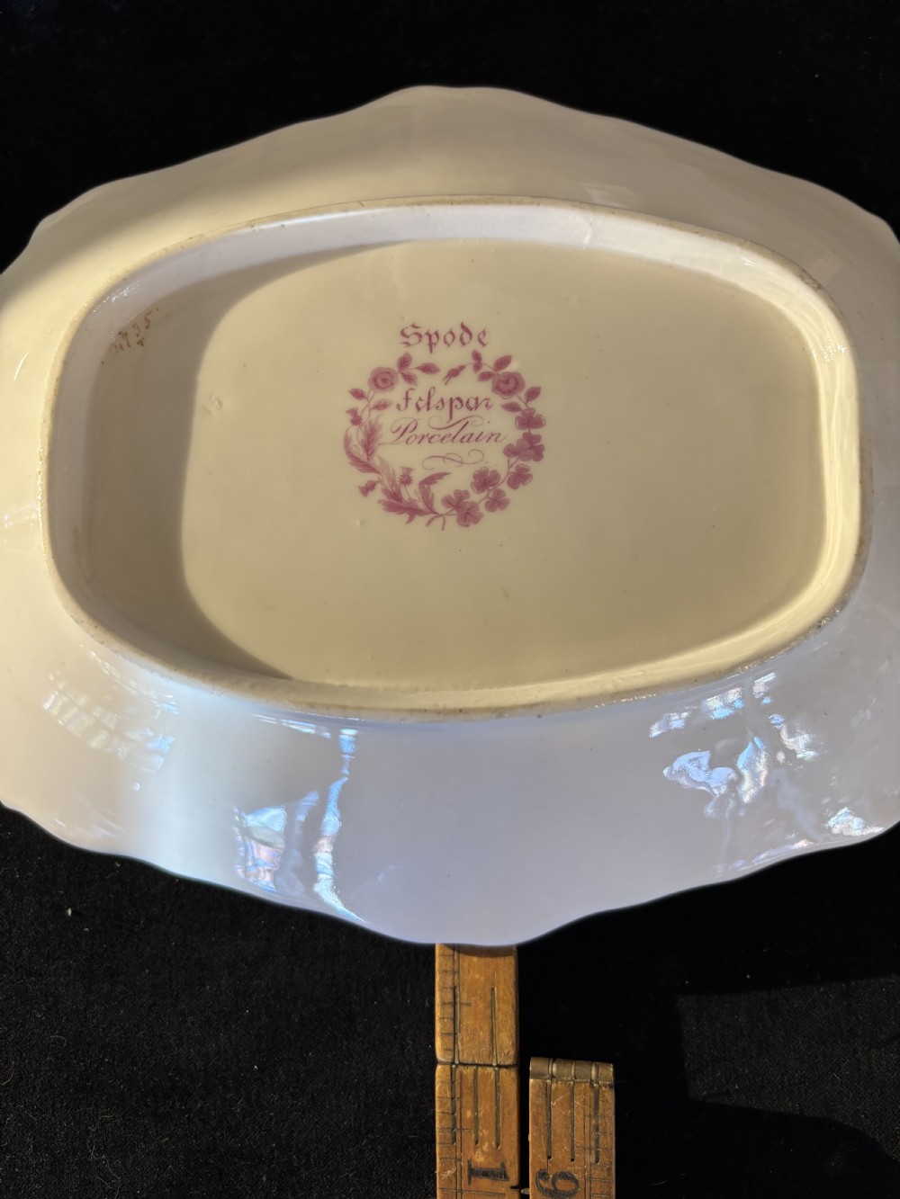A pair of oval Georgian Spode porcelain dishes featuring scalloped pink and gold borders surrounding central hand-painted floral and butterfly motifs. View XIII