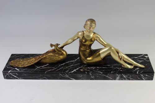 Art Deco French Girl with Peacock, Circa 1920-30