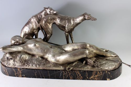 Ary Bitter 70cm French Art Deco Bronze Nude Diana and Greyhounds, C.1930