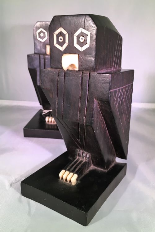 Art Deco Ebony and Ivory Cubist Owl Bookends C1930