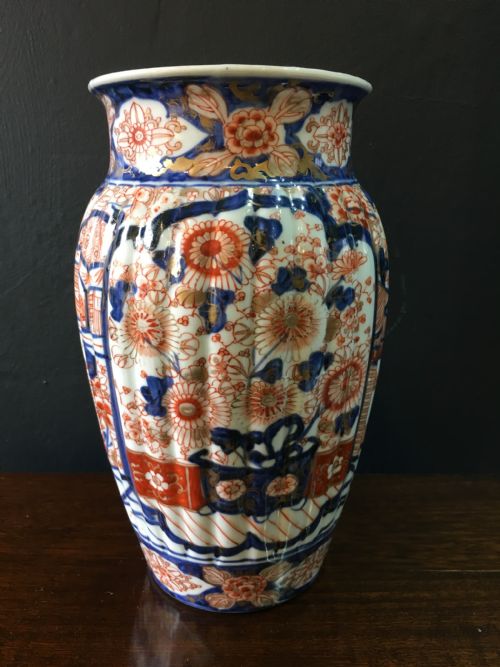 meiji period fluted vase chrysanthemum in main cartouchesfigures in boat cottage c19th - CATEGORY: ANTIQUE VASES - DATED 19TH CENTURY