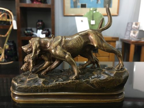 alfred dubucand signed bronze casting of a pair of hunting dogs c19th - CATEGORY: ANTIQUE METAL - DATED 19TH CENTURY