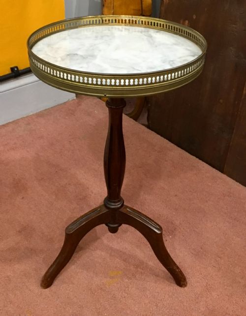 french wine table with brass gallery and white marble top c1920 - CATEGORY: ANTIQUE TABLES - DATED 1920