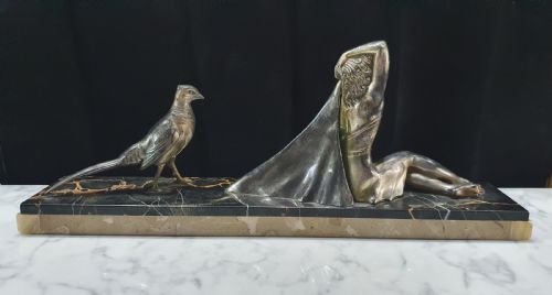 FRENCH ART DECO SCULPTURE OF GIRL PHEASANT ON PORTORO MARBLE ONYX PLINTH - ADDITIONAL PHOTO 3