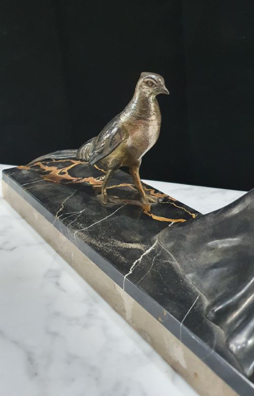 FRENCH ART DECO SCULPTURE OF GIRL PHEASANT ON PORTORO MARBLE ONYX PLINTH - ADDITIONAL PHOTO 5