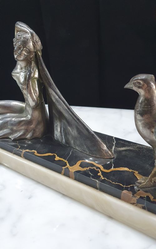 FRENCH ART DECO SCULPTURE OF GIRL PHEASANT ON PORTORO MARBLE ONYX PLINTH - ADDITIONAL PHOTO 1