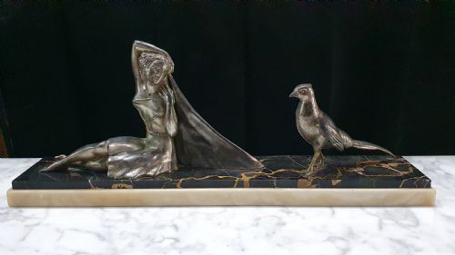 FRENCH ART DECO SCULPTURE OF GIRL PHEASANT ON PORTORO MARBLE ONYX PLINTH - ADDITIONAL PHOTO 9