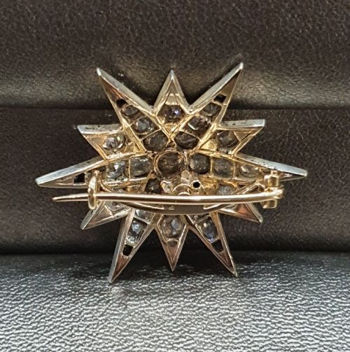 VICTORIAN OLD CUT 37 DIAMOND STAR BROOCH 14 CARAT GOLD - ADDITIONAL PHOTO 8