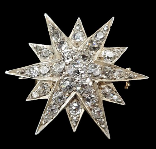 VICTORIAN OLD CUT 37 DIAMOND STAR BROOCH 14 CARAT GOLD - ADDITIONAL PHOTO 9