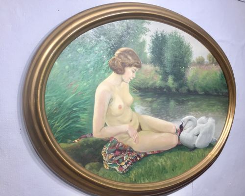 LEDA AND THE SWAN ART NOUVEAU NUDE OIL ON BOARD C1910 - ADDITIONAL PHOTO 7