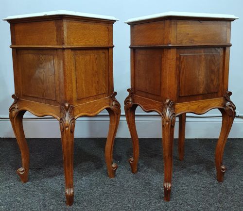 PAIR EARLY 1900S FRENCH OAK MARBLE TOP BEDSIDE CABINETS - ADDITIONAL PHOTO 8