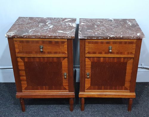 pair of french rose marble topped bedside cabinets in oak with mahogany veneer parquetry early 1900s - CATEGORY: ANTIQUE CUPBOARDS - DATED 1910