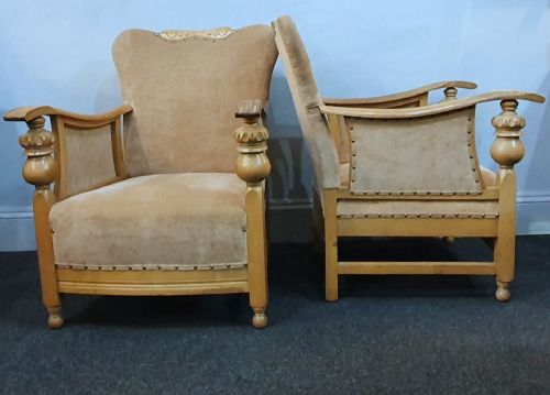PAIR ARTS CRAFTS CARVED GOLDEN OAK SUEDE LOUNGE CHAIRS C1910 - ADDITIONAL PHOTO 2
