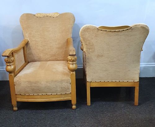 PAIR ARTS CRAFTS CARVED GOLDEN OAK SUEDE LOUNGE CHAIRS C1910 - ADDITIONAL PHOTO 4